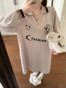 DAZY Printed Letter V-Neck Raglan Long Sleeve Loose Women's Nightgown, Women's Loungewear Dress - Apricot - View 3