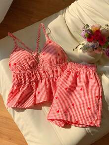 Comfortcana 红色编织女士心形格子印花吊带背心和短裤休闲套装 - 紅色 - 查看 5