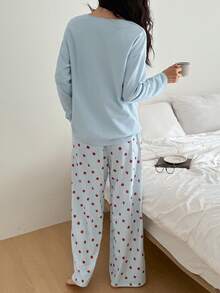 DAZY 两件套女士草莓图案拼接宽松长袖套头衫和裤子睡衣套装