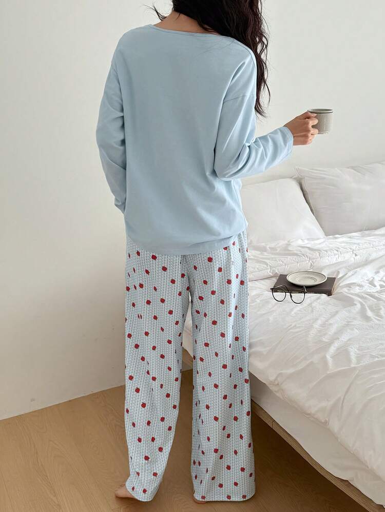 2pcs Women Strawberry Pattern Patchwork Loose Long Sleeve Pullover And Pants Pajama Set