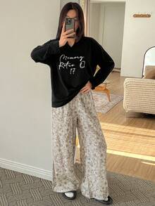 DAZY 2pcs Women Floral Print V-Neck Loose Long Sleeve T-Shirt And Pants Pajama Set - Black - View 3