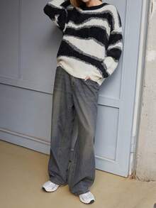 Maija 女士黑白撞色休闲宽松圆领长袖毛衣，四季皆宜，春季嬉皮风 - 黑與白 - 查看 1