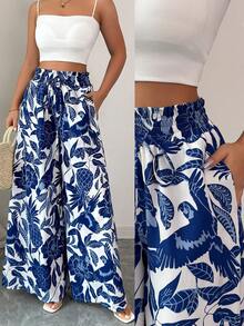 Breezaya Quần ống rộng in họa tiết thường ngày có túi, cạp rút, phong cách đi nghỉ - Màu xanh lam - Xem 8