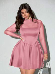 Viva Relle Plus Size Sexy & Elegant Mesh Patchwork Dress - Pink - View 1