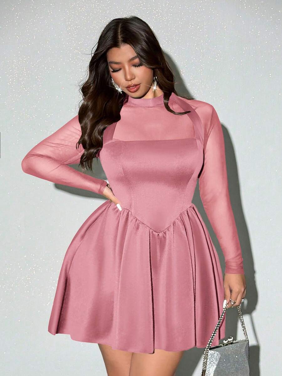 Viva Relle Plus Size Sexy & Elegant Mesh Patchwork Dress - Pink - View 1