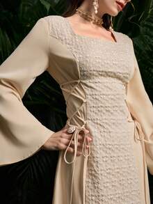 Al Najma 优雅长袖拼接侧系腰连衣裙 - 杏色 - 查看 5