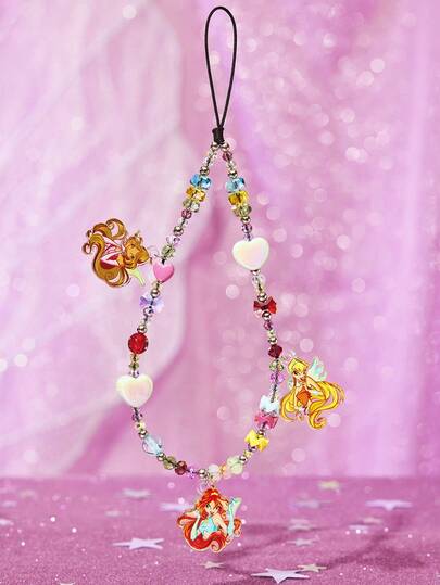 The Winx X SHEIN Cute And Sweet Cartoon Mobile Phone Lanyard Mobile Phone Pendant Mobile Phone Chain Handmade Beaded Mobile Phone Jewelry Bag Pendant Keychain