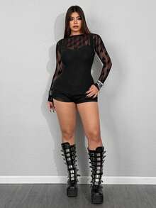 Whyspr Plus Size Women's Sexy V-Neck Hollow Heart Mesh Long Sleeve Fitted Top, Suitable For Spring, Summer, Autumn