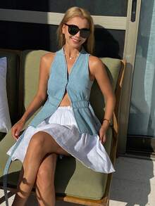 DAZY Women's V-Neck Sleeveless Waist Cinched Casual Denim Blouse, Summer - Light Wash - View 1