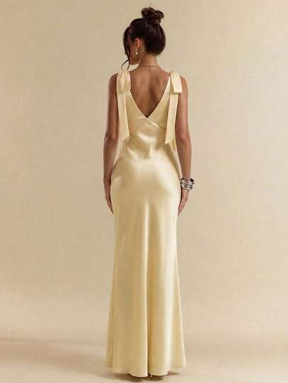 SHEIN BAE Sexy Minimalist Solid Color Cream Yellow Deep V-Neck Backless Bowknot Tie Dress, Suitable For Party, Cocktail, Formal Occasion, Bridesmaid, Birthday, Christmas, Business Casual