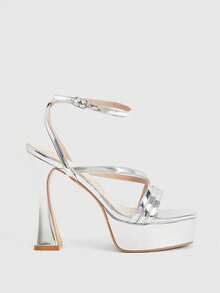 CUCCOO LuxiPop Women's Thick-Soled Platform Silver High-Heeled Sandals, Party-Style High-Heeled Sandals, Metal Elements With Multi-Design Sexy Nightclub High-Heeled Sandals, Square Toe And Ankle Platform Sandals, Suitable For Christmas Parties, Valentine's Day Gifts, The Perfect Choice For Fashionistas, Suitable For Spring And Summer, Vacation Wear, Travel Essentials, 2000's Style - Silver - View 1