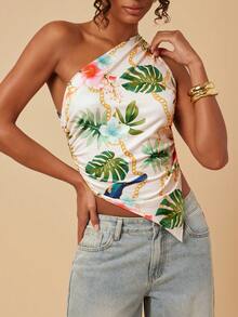 Travachic 热带印花度假风不对称下摆褶皱衬衫 - 彩色 - 查看 1