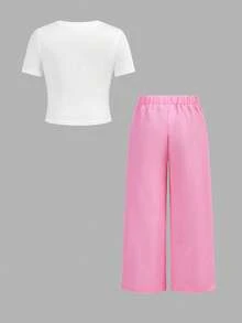 2 Stücke/Set Kleine Mädchen Weißes T-Shirt mit Schleifen Muster & Rosa Blumen Muster Hose, Lässig, Modisch, Vielseitig, geeignet für Ausflüge, Schwester Fotoshootings, Parkbesuche, Camping, Urlaub, Alltags Lässig Tragen - Verschiedenfarbig - Übersicht 2