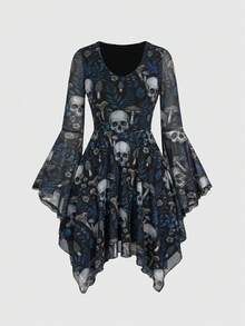 ROMWE Goth Dark Skull, Mushroom & Floral Print Waist Cinched Asymmetric Flare Sleeve Mini Dress - Black - View 1