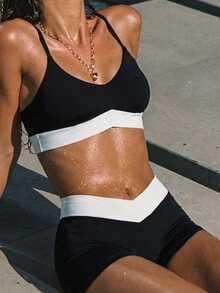 Swim SPRTY 女士纯色撞色比基尼泳衣套装，沙滩度假 - 黑與白 - 查看 1