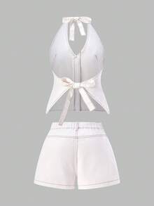 SHEIN MOD 大码女式露背系带纽扣上衣和短裤休闲牛仔套装，适合日常、约会、派对等场合。 - 白色 - 查看 2