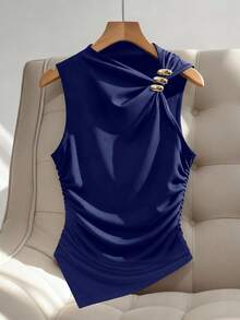 Franclia Áo tank top dệt kim màu xanh dương dành cho nữ, kiểu dáng xếp ly, không tay, vạt áo bất đối xứng. - Màu xanh lam - Xem 3
