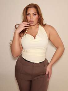 MelDlgn 大码女式淡黄色纹理针织肩带上衣，时尚迷人，适合派对、约会、婚礼、下午茶、音乐节、浪漫海滩度假、春夏邮轮度假淡黄色上衣露背上衣 - 黃色 - 查看 4