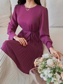 DAZY Women's Elegant Contrast Color Pleated Waist Midi Dress, Spring/Summer Wedding Guest Dress - Red Violet - View 7