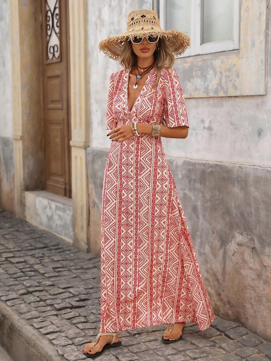 Brillora 女士V领露背波西米亚风几何印花休闲度假连衣裙，春夏款 - 彩色 - 查看 1