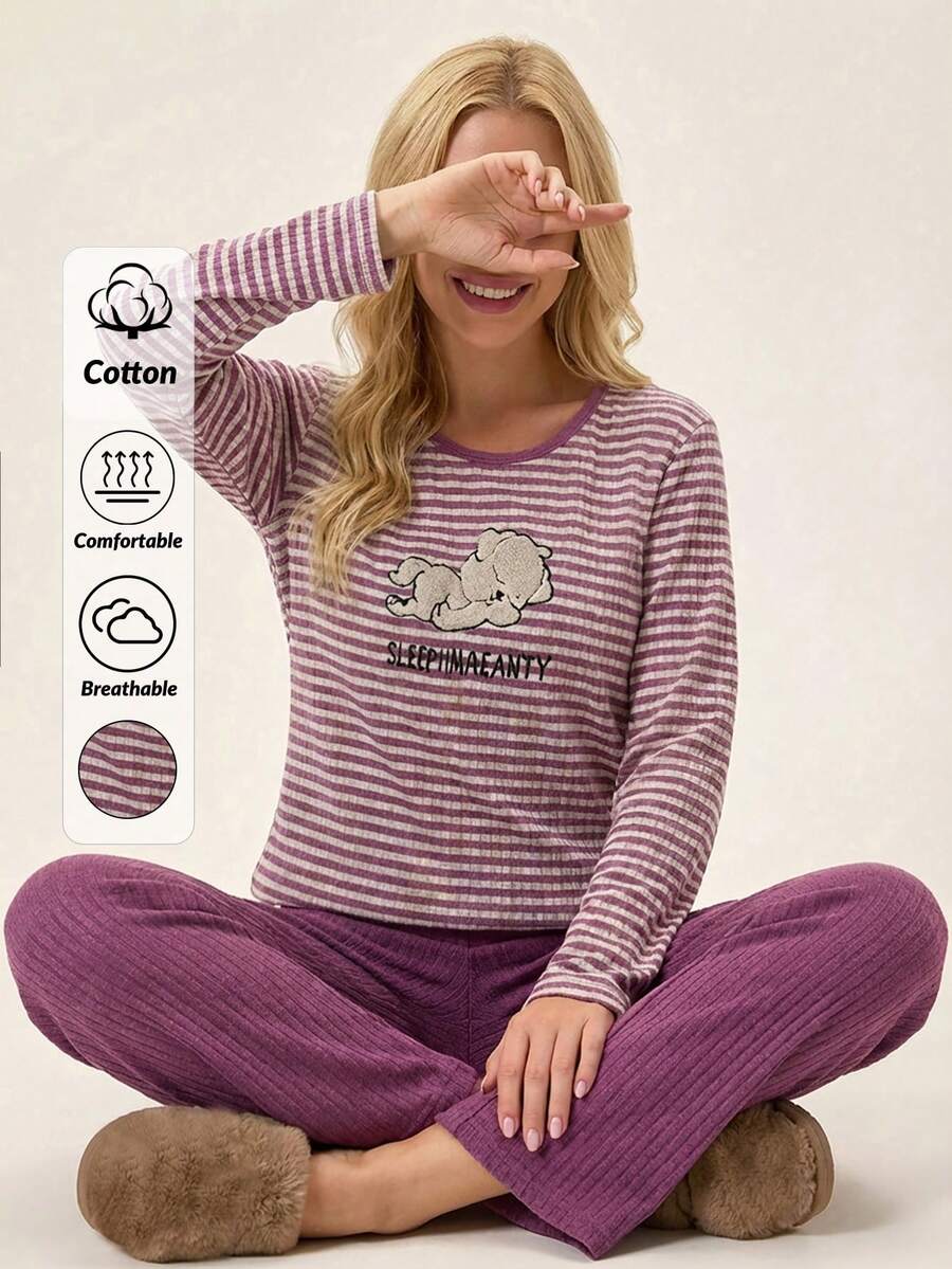 Loomlin Bộ đồ ngủ kẻ sọc và họa tiết hoạt hình 100% cotton - Màu tím - Xem 1