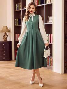 Vintamour Đầm nữ cổ điển thanh lịch có túi, kiểu dáng 2 trong 1, tay áo sơ mi, nơ, viền bèo nhún, cúc ngọc trai, phối màu tương phản, thích hợp cho công sở, du lịch, nghỉ lễ, đầm dài mùa hè cho nữ, trang phục mùa hè, đầm dài mùa hè cho nữ, quần áo mùa hè, trang phục nghỉ hè, trang phục mùa xuân cho nữ, trang phục nghỉ xuân, quần áo mùa xuân, đầm mùa xuân cho nữ, đầm thanh lịch cho nữ. - màu xanh lá - Xem 4