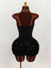 SHEIN Tall CURVE Plus Size Solid Color Sequin Patchwork Sleeveless Bodycon Dress - Black - View 2