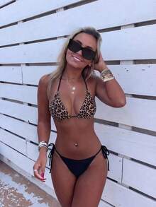 SHEIN Swim Springbreak 2025 Women's Leopard Print Sexy Halter Bikini Swimsuit Set, Random Print - Multicolor - View 1