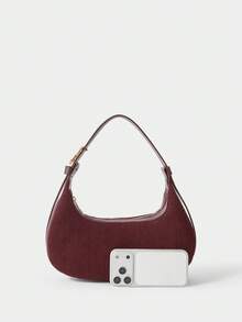 SHECARRY Corduroy Handbag, Fashionable Shoulder Bag, Casual Crescent Crossbody Bag, Autumn/Winter New Arrival - Wine red - View 5