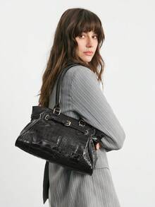 SHECARRY Bolso de mano tipo tote para mujer, bolso de hombro con estampado de cocodrilo - Negro - Ver 7