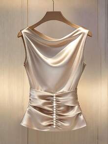 Franclia 时尚简约垂褶领口饰边串珠针织吊带背心，优雅修身休闲女式上衣 - 杏色 - 查看 1