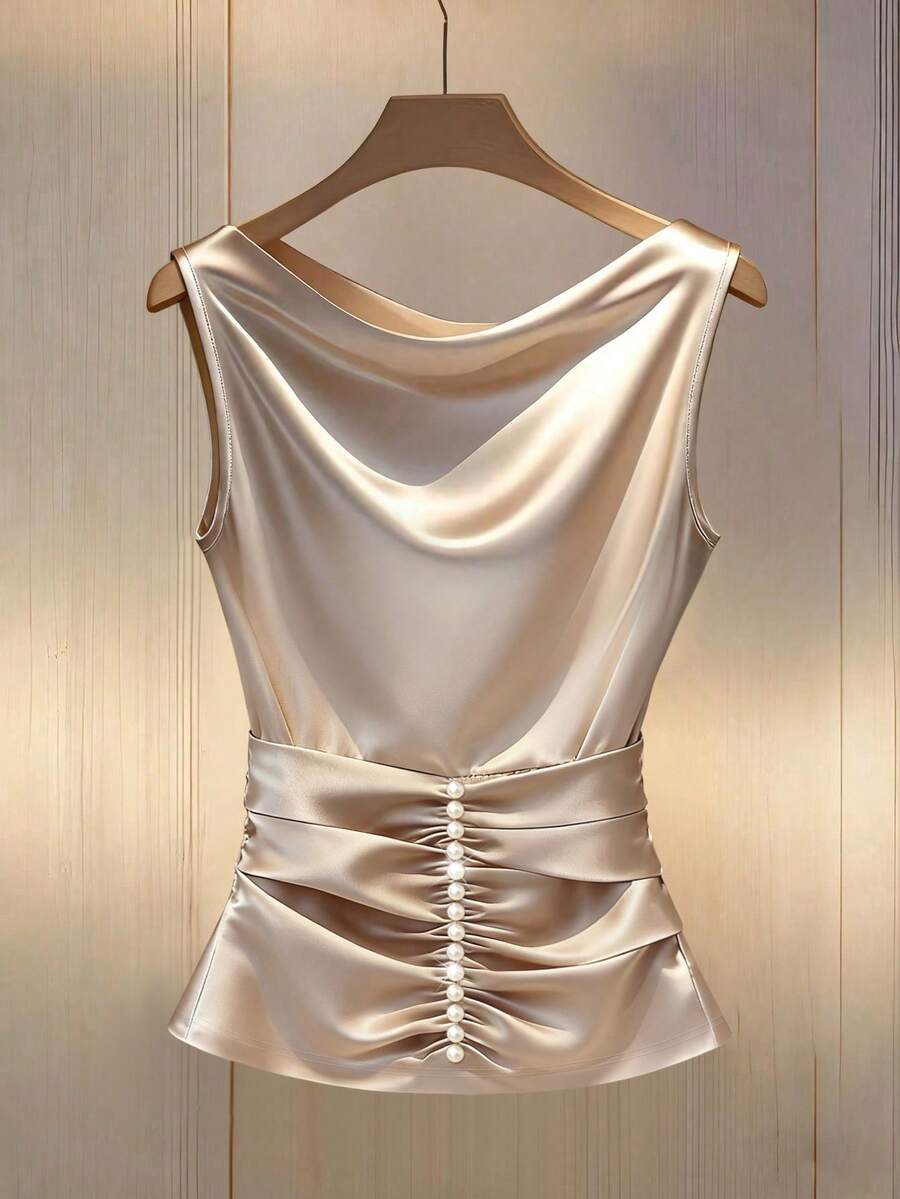 Franclia 时尚简约垂褶领口饰边串珠针织吊带背心，优雅修身休闲女式上衣 - 杏色 - 查看 1