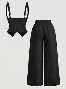 SHEIN MOD Bộ đồ 2 món cỡ lớn kiểu retro bằng vải nhung kẻ, gồm áo hai dây cài khuy đôi và quần ống rộng. - màu đen - Xem 2