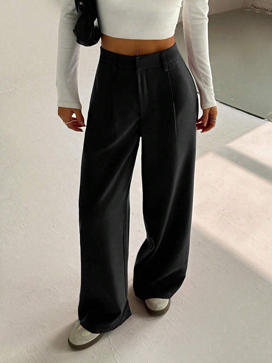 FavEase 女士高端优雅修身休闲阔腿裤 - 黑色 - 查看 1