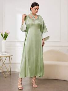 Al Najma 女士优雅奢华缎面串珠V领长袖连衣裙，适合派对和外出穿着 - 綠色 - 查看 6