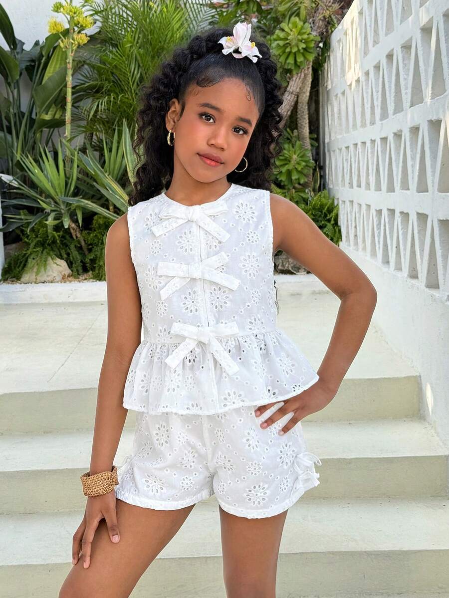 Tween Girls Casual Daily Vacation White Textured Jacquard Bow Front Crop Top & Shorts 2 Pieces Set - White - View 1