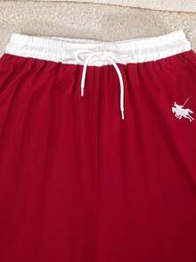 少女休闲通勤时尚运动风刺绣撞色V领褶皱修身T恤搭配抽绳阔腿裤套装，春秋季 - 酒紅色 - 查看 7