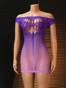 ChaseTheNight 1件装女士露肩渐变镂空性感网纱内衣连衣裙 - 紫色 - 查看 6