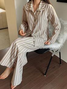 DAZY Women's Striped Print Drop Shoulder Loose Long Sleeve Shirt And Pants Pajama Set, Spring/Autumn - Green - View 3