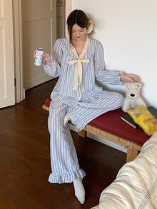 DAZY 条纹荷叶边系领荷叶边下摆女士睡衣套装 - 藍色 - 查看 5