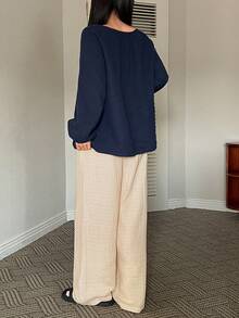 DAZY Wabi-Sabi Style Pleated Texture Fabric Lantern Sleeve Loose Women's Pajama Set - Navy Blue - View 2