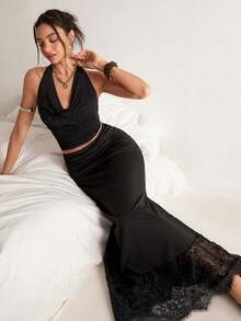 Freevana 波西米亚风黑色高弹蕾丝拼接半身裙，高腰垂褶镂空花卉图案修身包臀裙，复古优雅百搭办公室美人鱼裙 - 黑色 - 查看 6