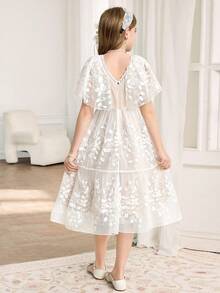 女童甜美蕾丝荷叶袖A字短裙，适合花童、婚礼、派对、生日、宴会等场合。 - 白色 - 查看 3