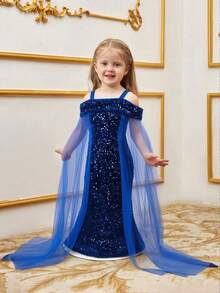 Glamorique Kids 年轻女孩优雅迷人可爱酒红色吊带露肩薄纱收腰鱼尾连衣裙，正式礼服 - 寶藍色 - 查看 1