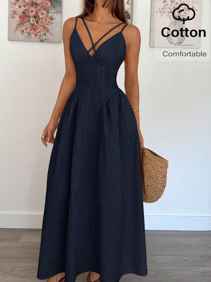 Siren Gaze 女士纯色交叉设计吊带长裙 - 藏蓝色 - 查看 1