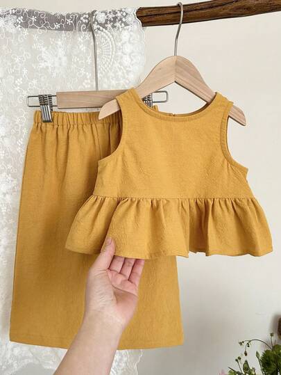 LMoss Kids 女婴夏季休闲纯色荷叶边上衣和裤子套装