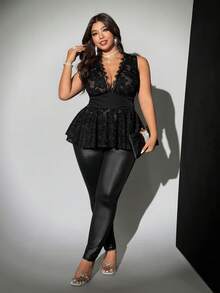 SHEIN CURVE+ 大码无袖休闲优雅法式性感优雅衬衫 - 黑色 - 查看 3