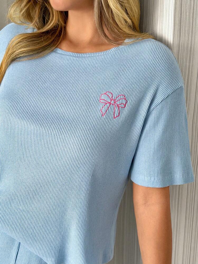 EURMUSE Women 2pcs Rib Knit With Bow Embroidery Detail Homewear Comfort Lounge Set For Women - Blue - View 4