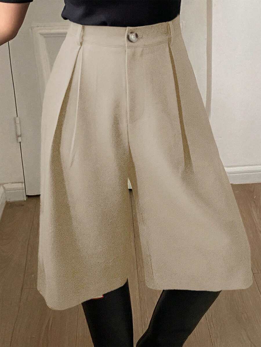 DAZY 女士纯色褶裥口袋七分裤，休闲复古秋冬Y2K风格 - 杏色 - 查看 1