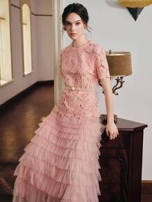 Anewsta New Lightweight Luxury Lace Dress Women, Princess Cake Skirt, Elegant Elegant Cinched Waist Mesh Patchwork Dress, Spring/Summer - Pink - View 6